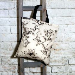 Black Flowered and Ivory Shopping Tote Bag