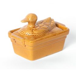 Vintage French Duck Paté Tureen, Small Size with a Tan Coloured Majolica Glazed