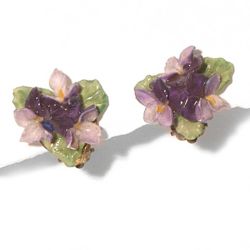 Fancy Vintage Clip on Earrings made of Porcelain Depicting Violet Flowers