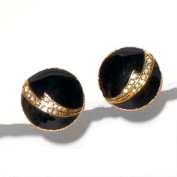 Designer SOLEIL, Black Enamel and Diamante Crystal Clip Earrings